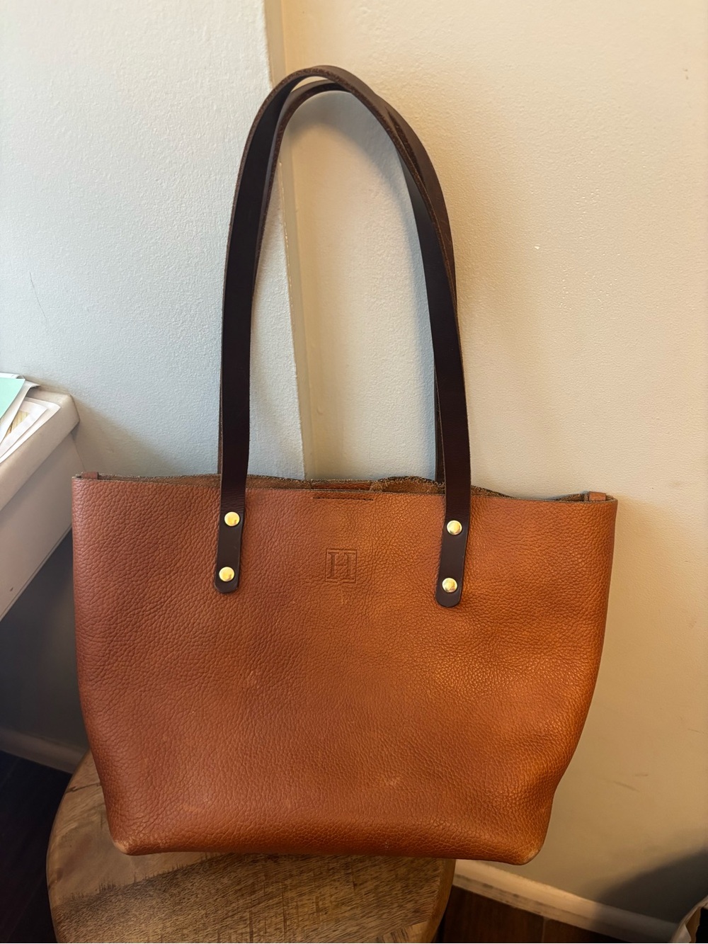 Source Unknown Tan Leather Tote with Dark Brown Straps